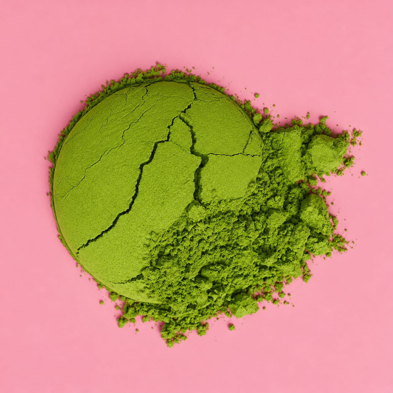 Loose Matcha My Love organic matcha powder on a pink background